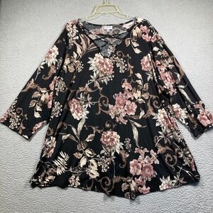 Avenue Top Women's Plus 26/28 Dark Floral‎ 3/4 Sleeve Stretch Comfort Flowy
